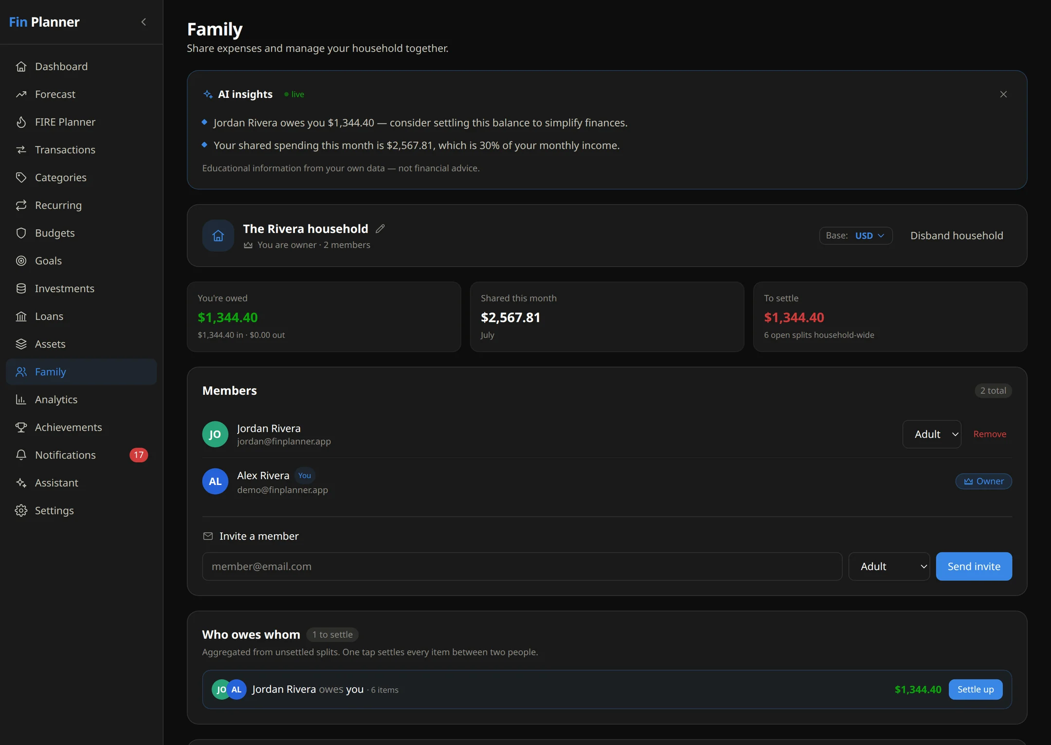 The Family screen, showing a shared household ledger and directional balances between two members