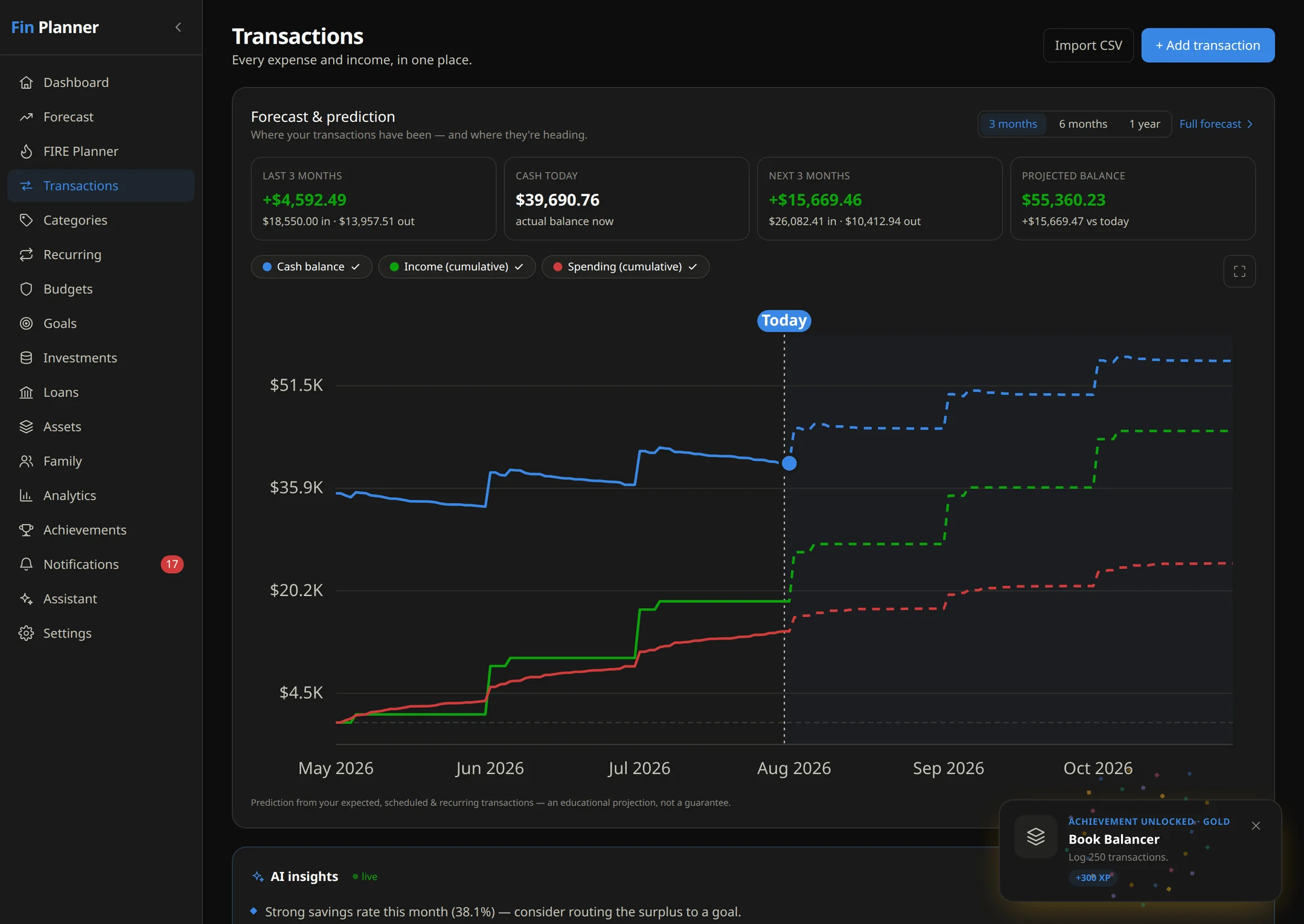The Transactions ledger, showing imported entries with categories, merchants and inline edit